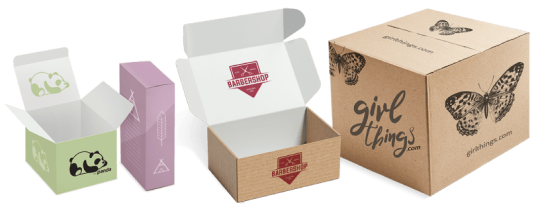 A line-up of printed packaging boxes